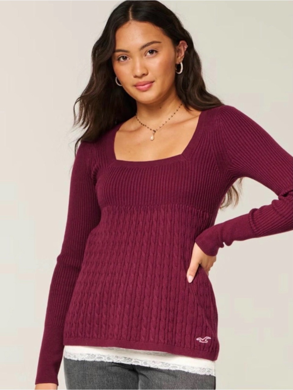 Y2K Hollister Women’s XL Burgundy Babydoll Cable Knit Scoop Neck Sweater